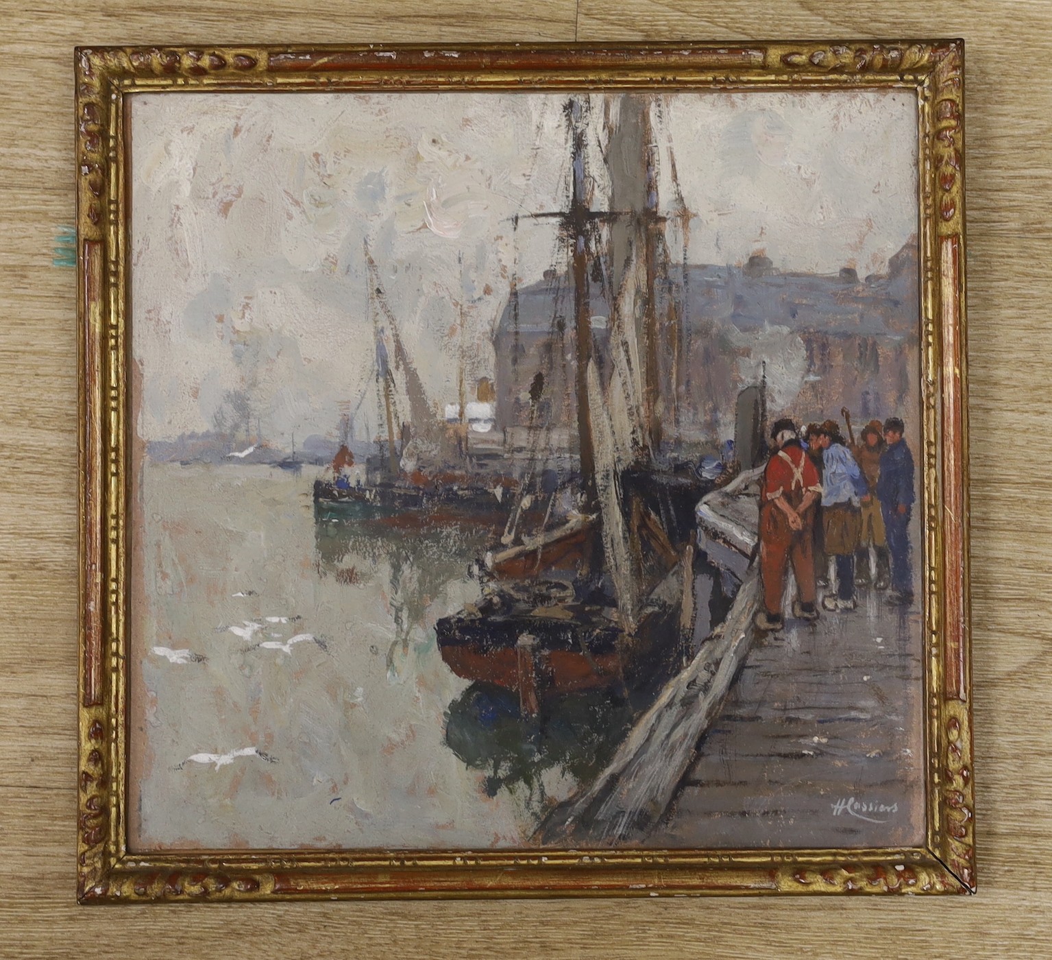 Henri Cassiers (1858-1944), oil on card, Fisherfolk along the wharf, signed, 22.5 x 23.5cm.